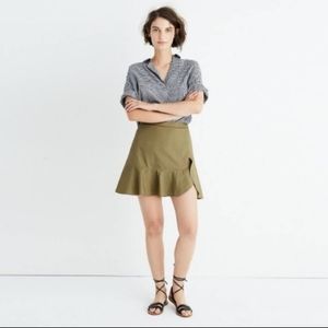 Madewell olive faux wrap mini skirt 100% cotton ruffle hem size‎ 10 army green
